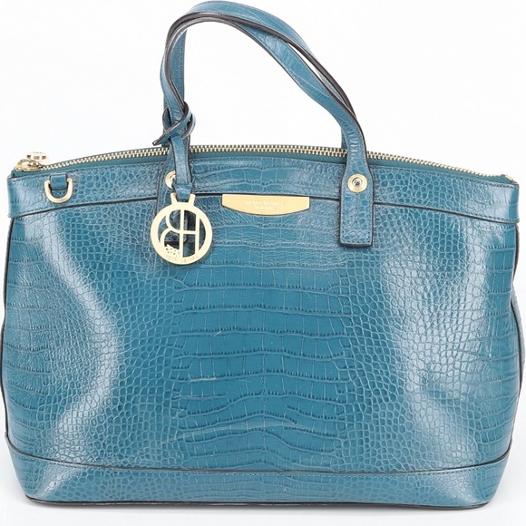 henri bendel Handbags - Henri Bendel Teal Croc-Embossed large Tote with Gold Accent and crossbody strap